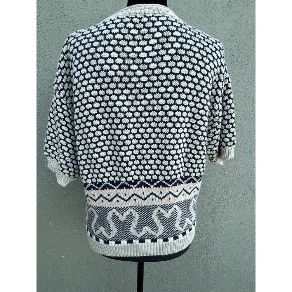 Jeanne Pierre Womens Short Sleeve Knit‎ Sweater Navy Cream Fair Isle Geometric L